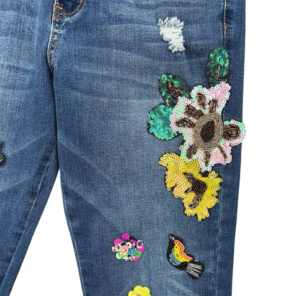 V Cristina Embroidered Sequin Tropical Skinny Distressed Jeans Size 10 Floral - Picture 4 of 7